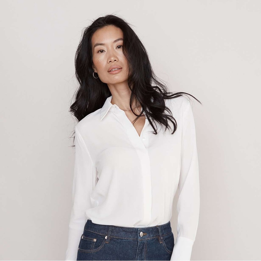 White Long Sleeve Button Down Shirt with Notched Collar